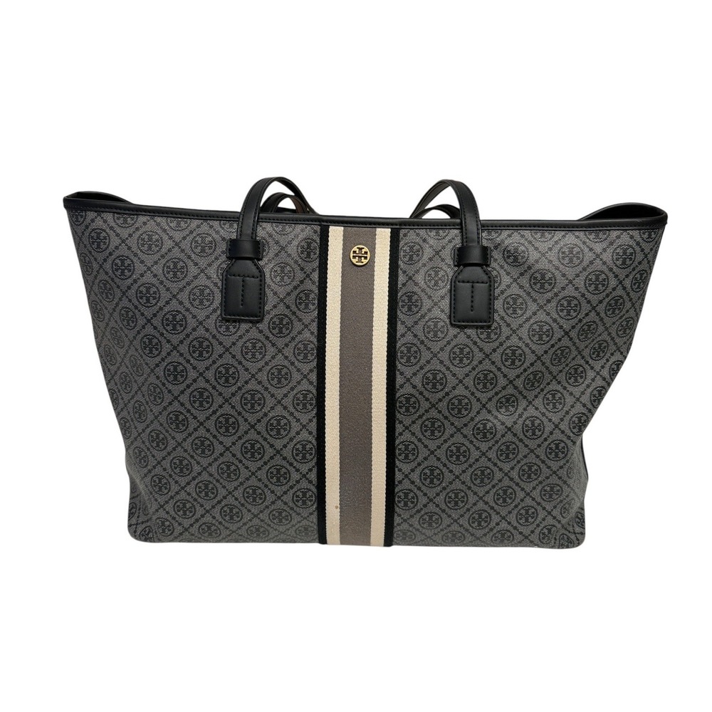 Tory Burch Gemini Link Tote Women Large Gray Black Monogram Zip Top Bag EUC - Picture 1 of 9